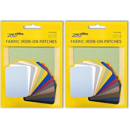 ZEFFFKA 2 Pack of Fabric Iron-on Patches Inside & Outside Strongest Glue 100% Cotton Blue Gray Beige Brown Yellow Red Green Repair Decorating Kit 14 Pieces Size 3" by 4-1/4" (7.5 cm x 10.5 cm)