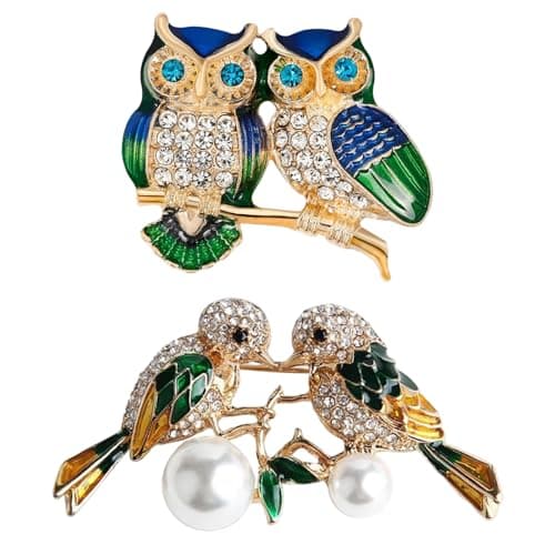 2pcs Brooch Pin For Women Double Magpie And Owl Lapel Pin Rhinestone Pearl Birds Brooch Animal Magpie Lapel Brooch Cute Crystal Birds Badge Pins Clothing Accessories
