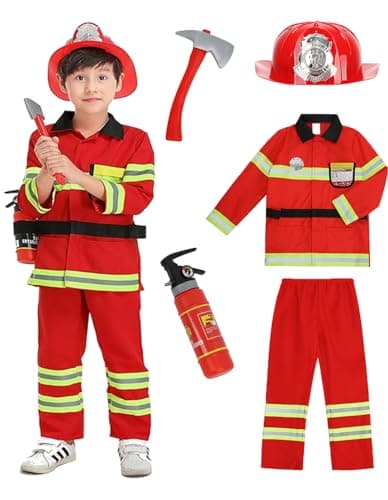 yolsun Fireman Costume for Kids Boys and Girls Firefighter Dress up Fire Fighter with Toy Accessories Set Halloween Role PlayRed45 Years