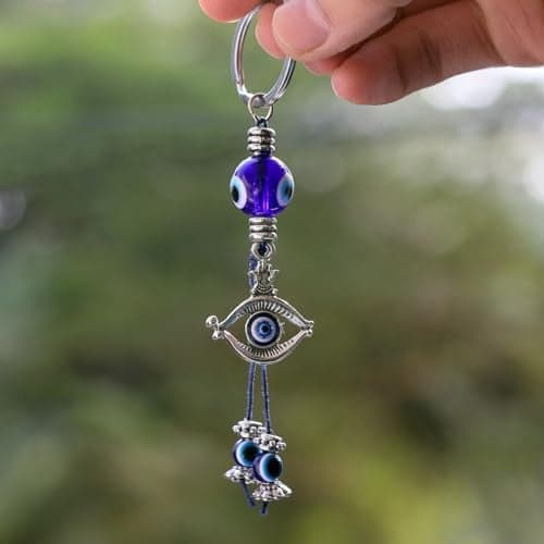 Reiki Crystal Products Evil Eye Car Hanging, Hamsa Hanging for Keys, Car, Bike (Color : Siver & Blue) Pack of 1 pc