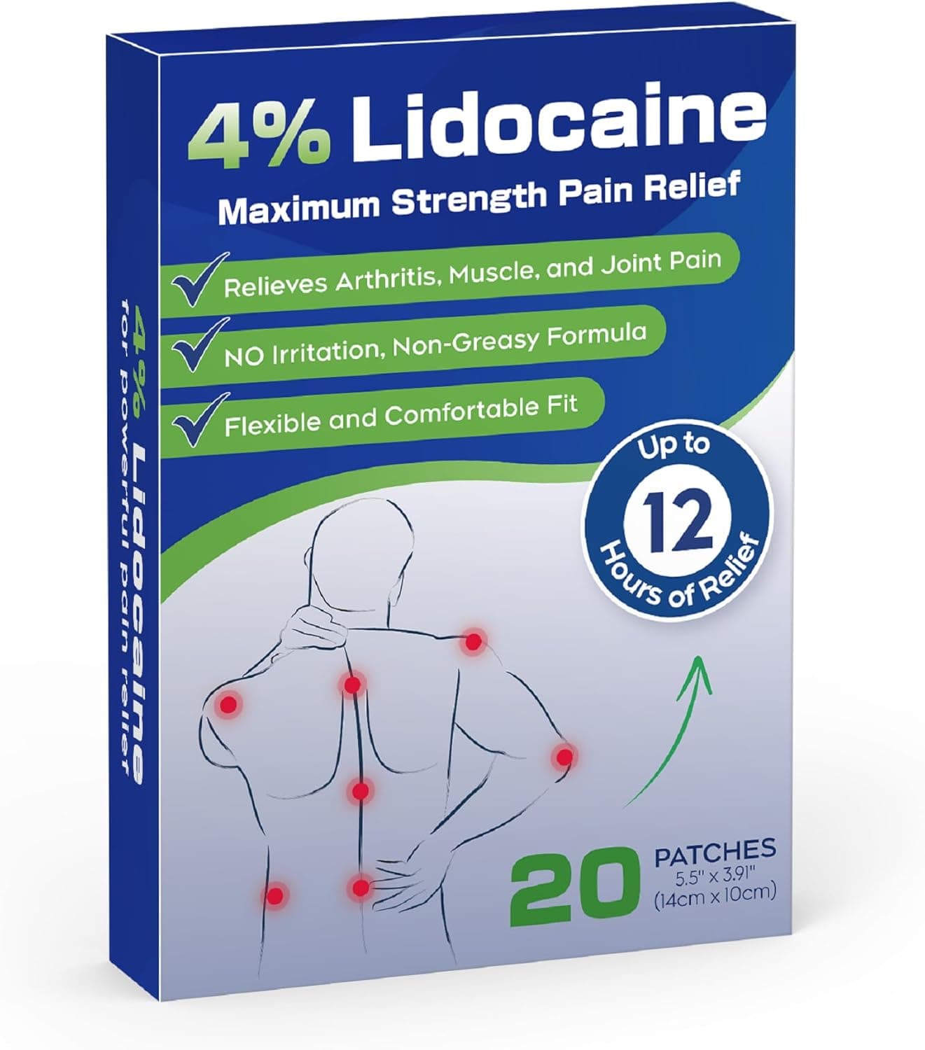 Uposiut 4 Lidocaine Patches 20 Patches Maximum Strength Lidocaine Patches 20 Patches for Muscle Pain Relief in The Neck Shoulders Back Knees and Anks 12 Hour Pain Relief012345