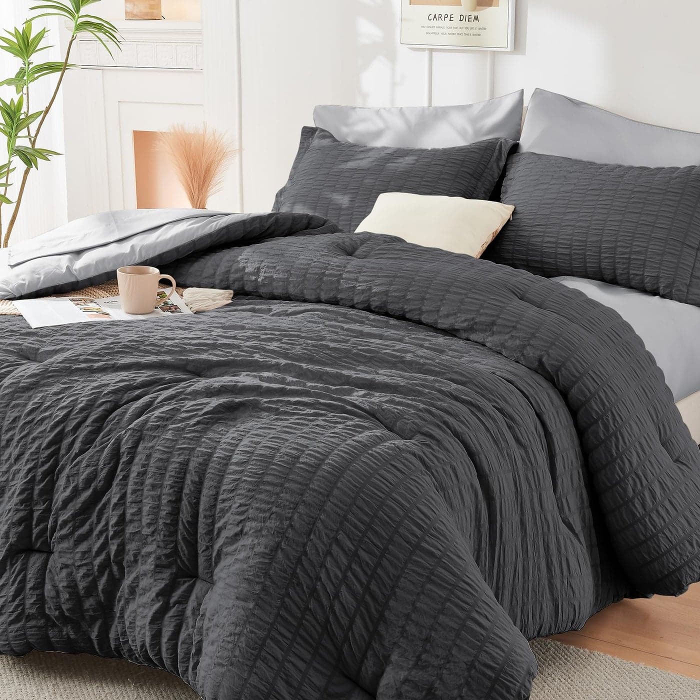 HYMOKEGE Dark GreyLight Grey Queen Comforter Set Seersucker 7 Pieces All Season Luxury Bed in a Bag Queen for Bedroom Bedding Set with Comforter Sheets Pillowcases Shams