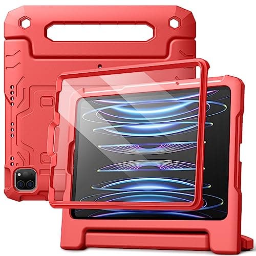 JETech Kids Case for iPad Pro 11 Inch (2022/2021/2020/2018 Model), iPad Air 5/4 (10.9-Inch) with Built-in Screen Protector, Shockproof Full-Body Handle Stand Tablet Protective Cover (Red)