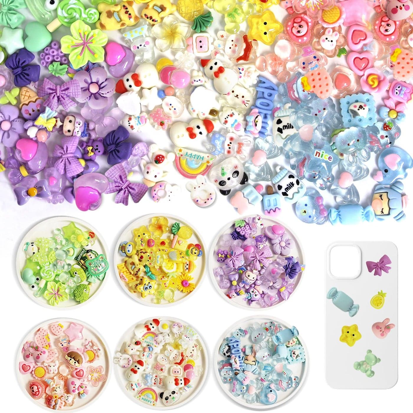 Bayurht 125PCS Slime Resin Charms 6 Colors Assorted Cute Charm Heart Bow Candy Charms Flatback Slime Charm Aesthetic Nail Beads for DIY Crafts Phone Cases