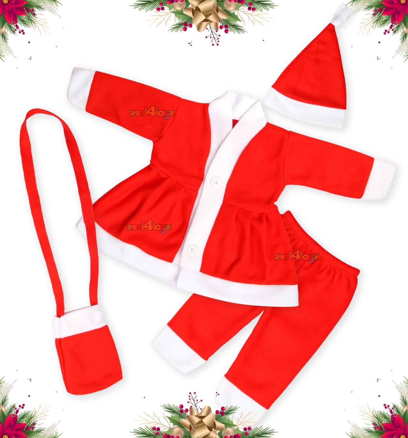 Zest 4 Toyz Santa Claus Dress for Kids Christmas Frock With Cap and Pouch - Girls Age 0 to 6 Months, Red and White Cotton