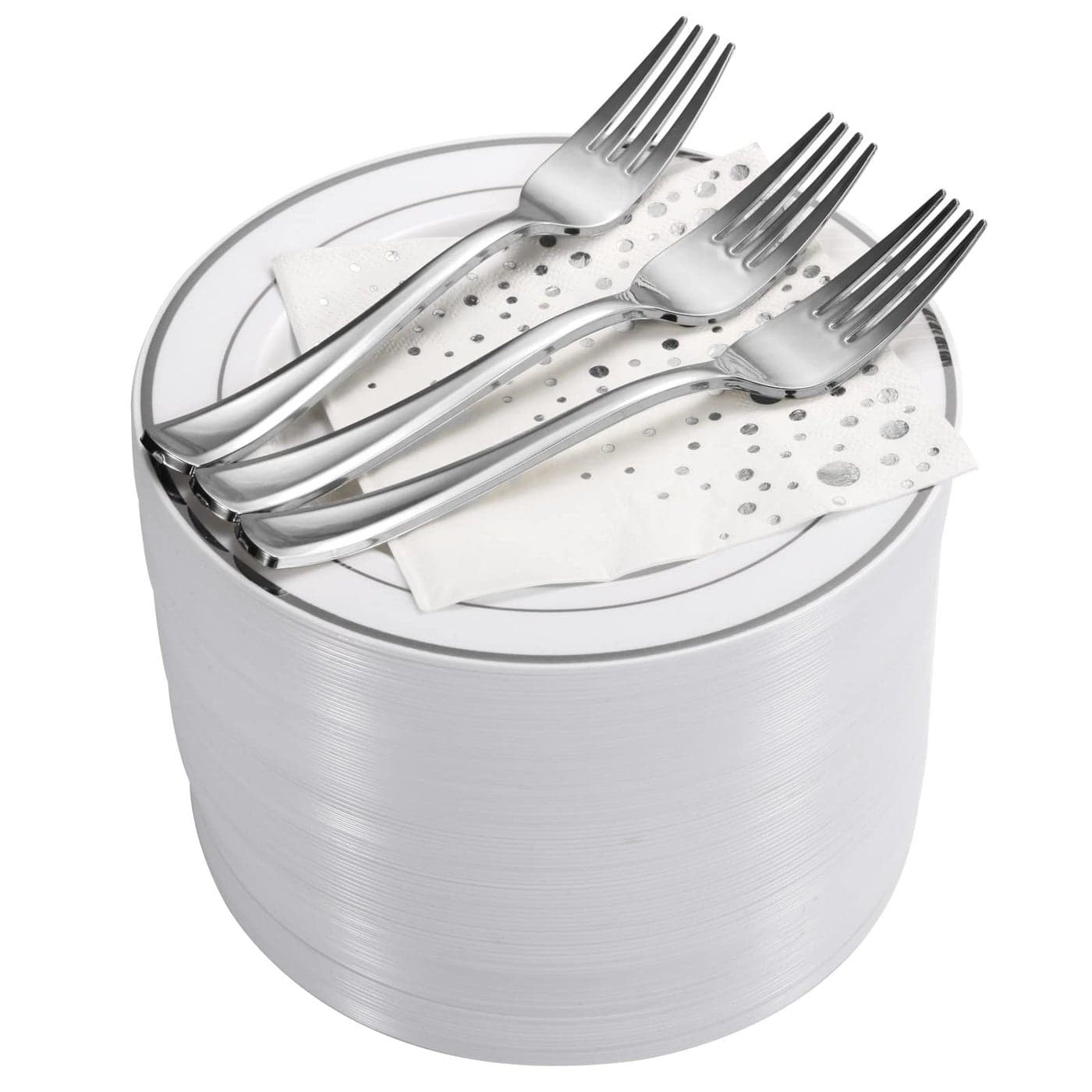 Stylish 75 Inch Silver Cake Plates with Disposable Forks and Cocktail Napkins 100 Set Small Appetizer Plates Silver Plastic Dessert Plates Plastic Cake Plates for Wedding Reception
