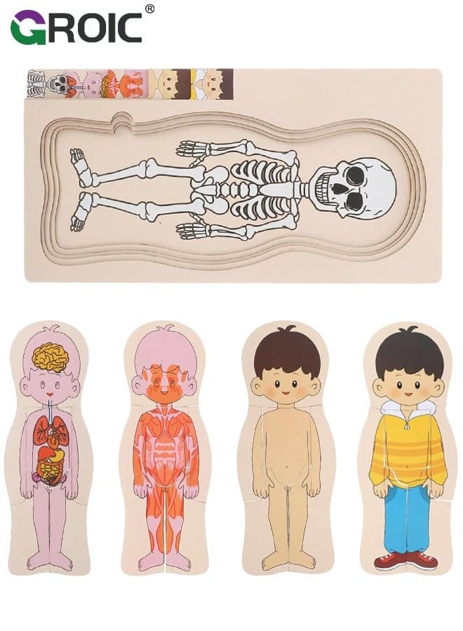 My Body Parts Puzzle for Toddlers, Kids Girls Boys Wooden Anatomy Puzzle 3-5 Years Old Preschool Learning Game Human Body Cognitive Toys, Montessori Skeleton Toy (Boys)