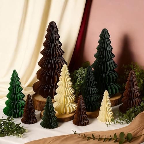 Fullhawl 10 Pcs Paper Christmas Trees Neutral Honeycomb Christmas Trees 46 710 Inch 3D Honeycomb Xmas Paper Cozy Table Ornament for XmasBeige Brown Dark Brown Light Green Green