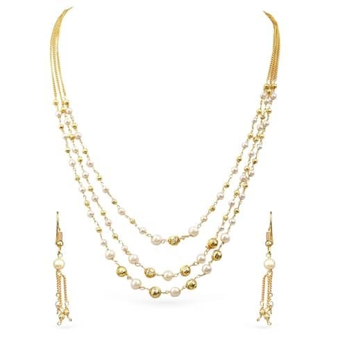 Rubans Womens 18K Gold-Plated Multilayer Pearl Beaded Necklace Set with Matching Earrings