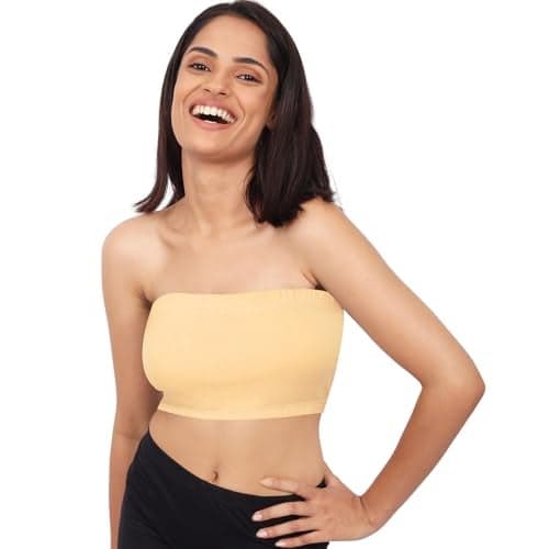DChica Slip-On Strapless Bra for Women's, Cotton Non-Padded Wire Free Full Coverage Tube Bras Perfect for Low-Cut Tops, Dresses, Off Shoulder, Crop Tops & Western Outfits (Pack of 1), Beige L