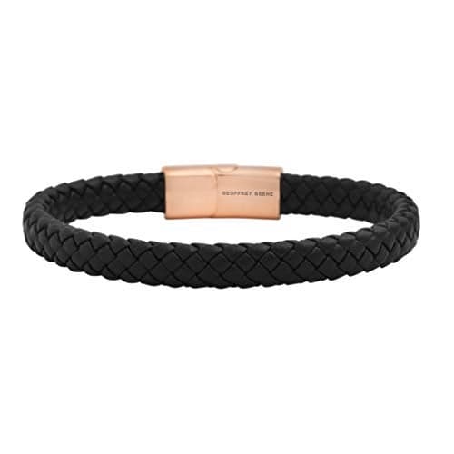 Geoffrey Beene Men's Braided Genuine Leather Bracelet with Stainless Steel Closure, Rose Gold