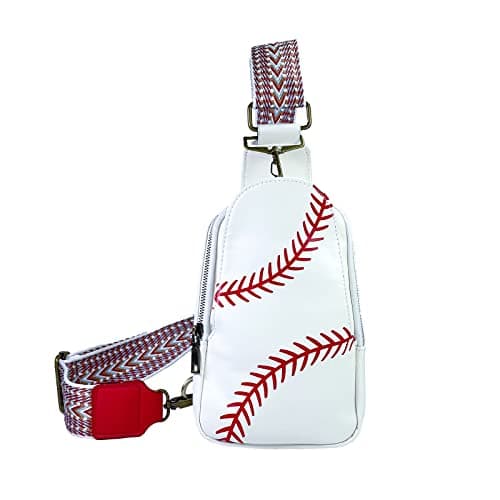 FAYBA Small Sling Bag for Women Crossbody Bag, Baseball Print PU Leather Wide Guitar Strap Chest Sling Backpack Purse