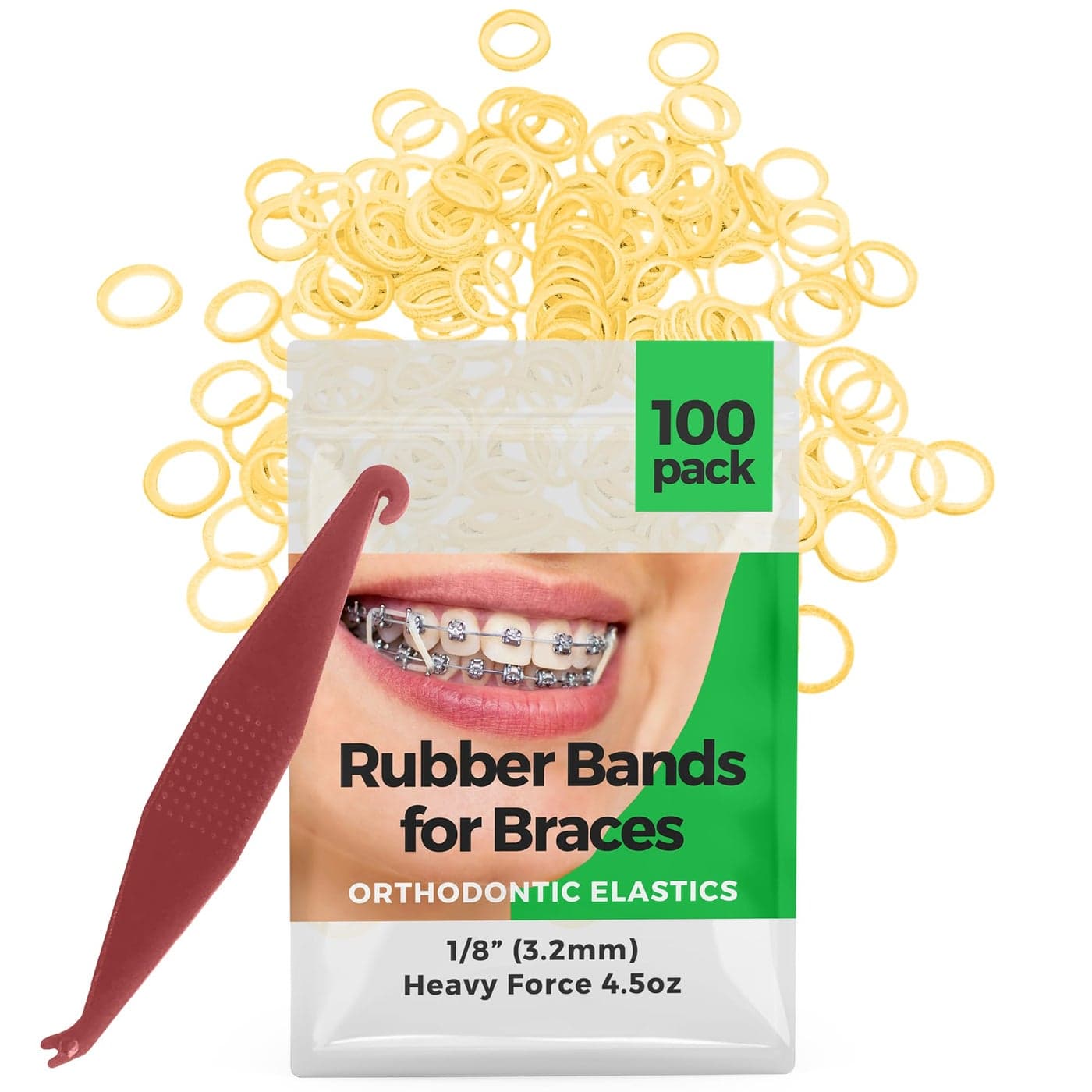 Orthodontic Rubber Bands for Braces Premium Quality Elastic Teeth Rubber Bands for Braces Fix Tooth Gaps Dreadlocks Includes Free Elastic Placer Heavy Force 45 oz 18 Inch Natural 100 Pack