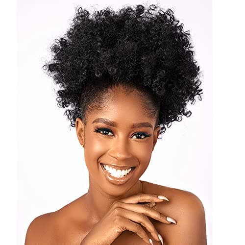 CECINILL Afro Puff kinky curly Drawstring Ponytail Extension for Women Synthetic Short Afro Kinkys Curly Afro Bun Extension Hairpieces Updo Hair Extensions with Two Clips1B