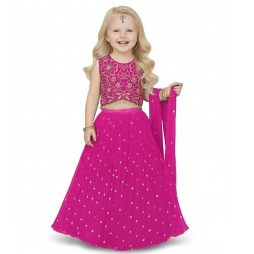 A.T.U.N. (ALL THINGS UBER NICE) Zardozi Thread Work Embroidered 3 Piece Crinkled Lehenga Set with Dupatta and Padded Choli Top for Girls (Unstitched Sleeves Included) | Designer Festive Ethnic Wear
