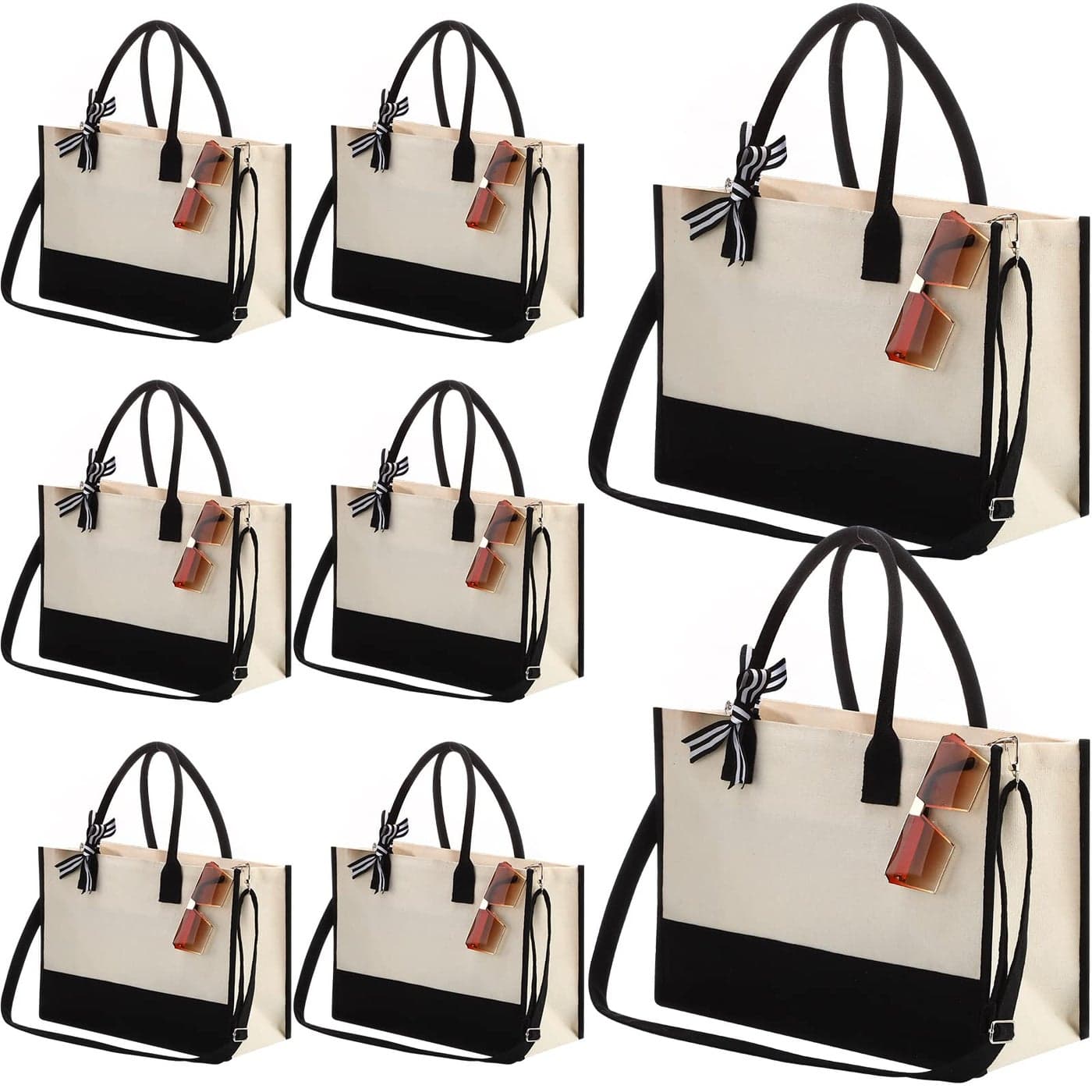 Aoriher 8 PCS Canvas Tote Bag with Shoulder Strap Zipper Opening Grocery Tote for Women Birthday Bridesmaid Gift BagBlack