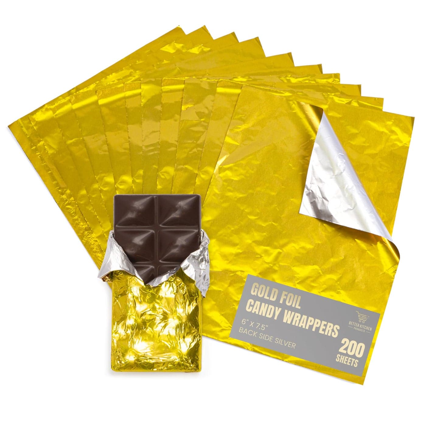 Better Kitchen Products Gold Foil Candy Wrappers 6 x 75 Back Side Silver Individual Chocolate Packaging Foil Wraps for Chocolate Bars Fudge Brownies Fruit Bars 200