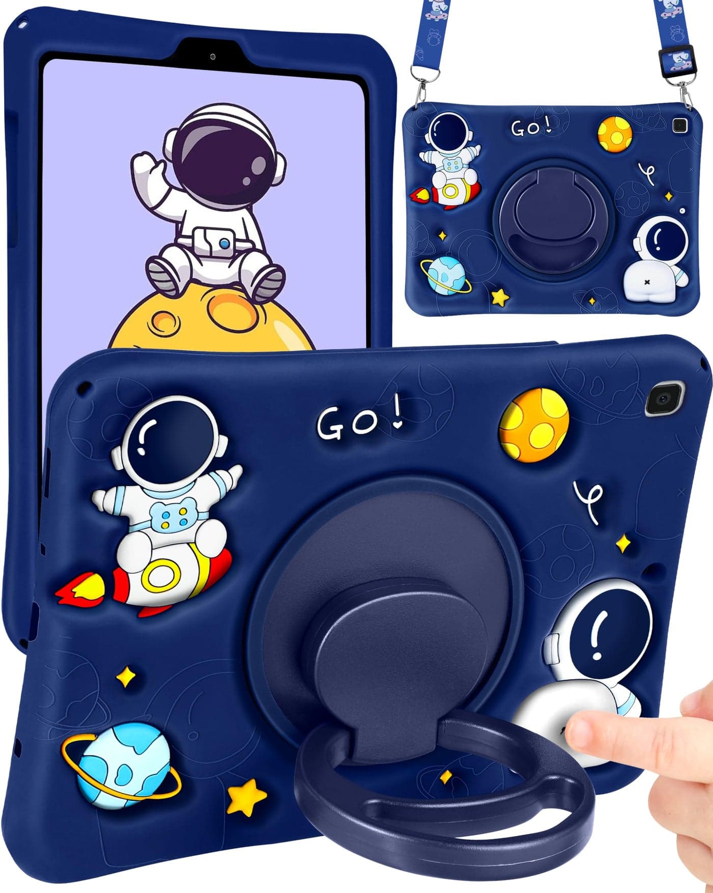 Wazzasoft for Samsung Galaxy Tab A7 Lite 8.7” Case Boys Cute Astronaut Cover Kawaii 3D Cartoon Spacemen Girls Cool with Rotating Handle Stand + Strap Soft Silicone Funda for Galaxy A7 Lite Table Cases