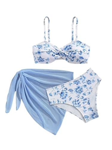 OYOANGLE Girl's 3 Piece Swimsuits Floral Twist Bikini Set with Cover Up Sheer Knot Side Beach Sarongs Blue and White 13Y
