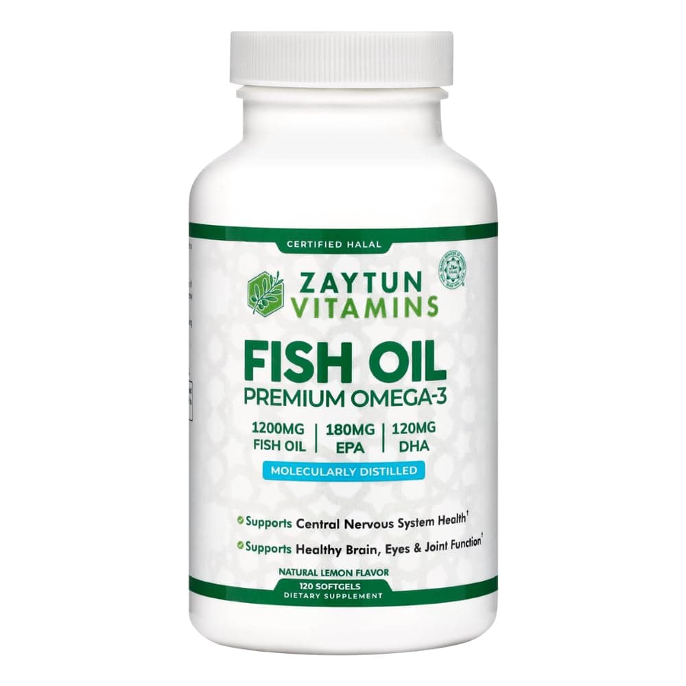 Zaytun Halal Fish Oil 1200mg Omega 3 Premium EPADHA One Per Day Supports Brain Heart Joint Health 4 Months Supply Lemon Flavor Keto Friendly Gluten Free Halal Vitamins
