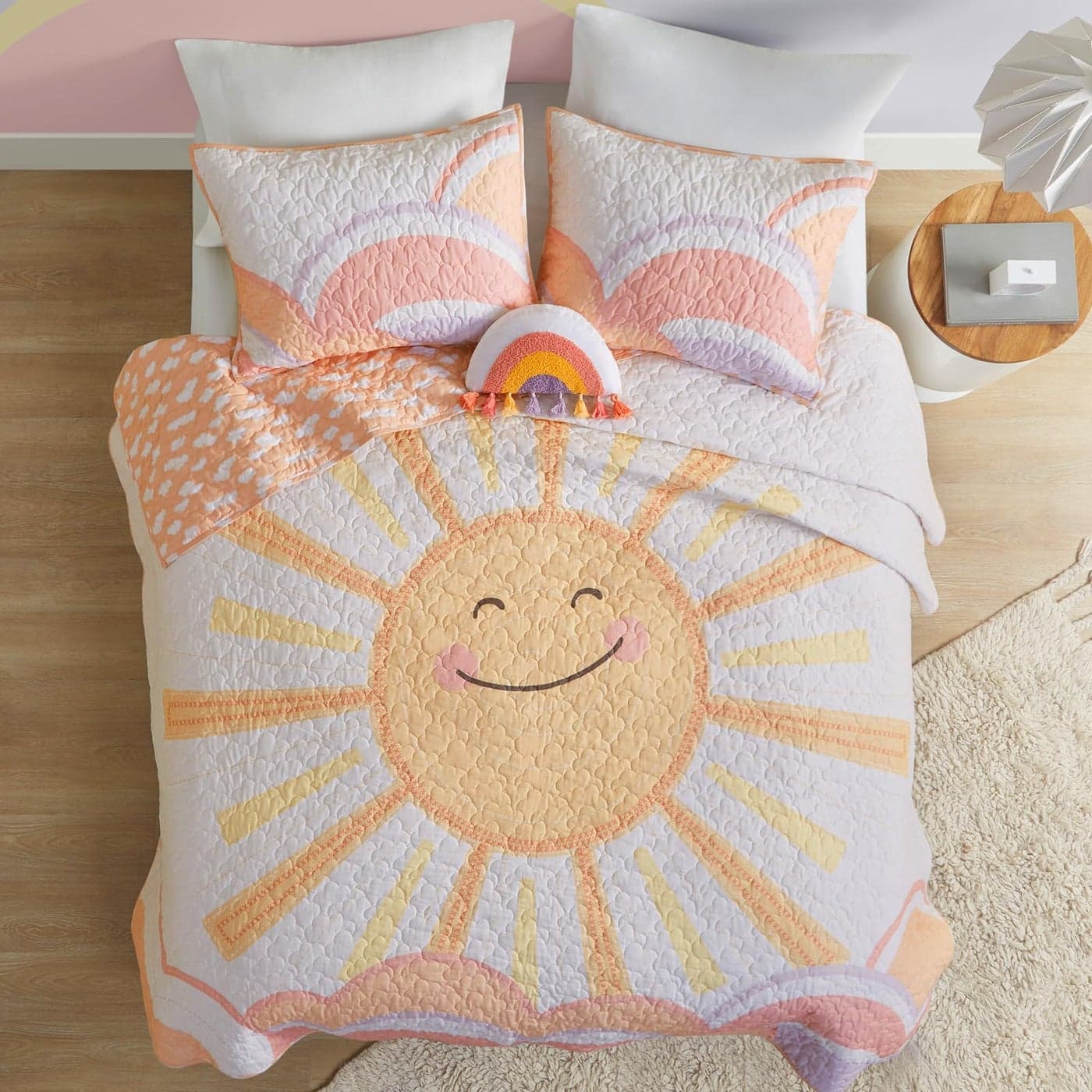 Urban Habitat Kids Queen Bedding Set Cotton Sun Full Size Quilt Sets for Girls Rainbow Clouds Reversible Coverlet Dawn Light Breathable Sham Throw Pillow FullQueen YellowCoral 4 Piece