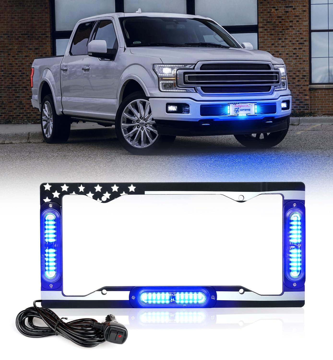 Xprite 36 LED License Plate Strobe Light US Flag FrontRear Police Lights 22 Flash Modes Emergency Safety Warning LED License Frame for Police Cars Vehicles Trucks Blue wPreInstalled 9FT Cable