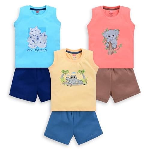 LuvLap Baby Boys Cotton Solid Sleeveless Tank Top & Shorts Sets Pack Of 3, Mango, Sweet Peach & Blue Radiance, XL (12 to 18 Months)