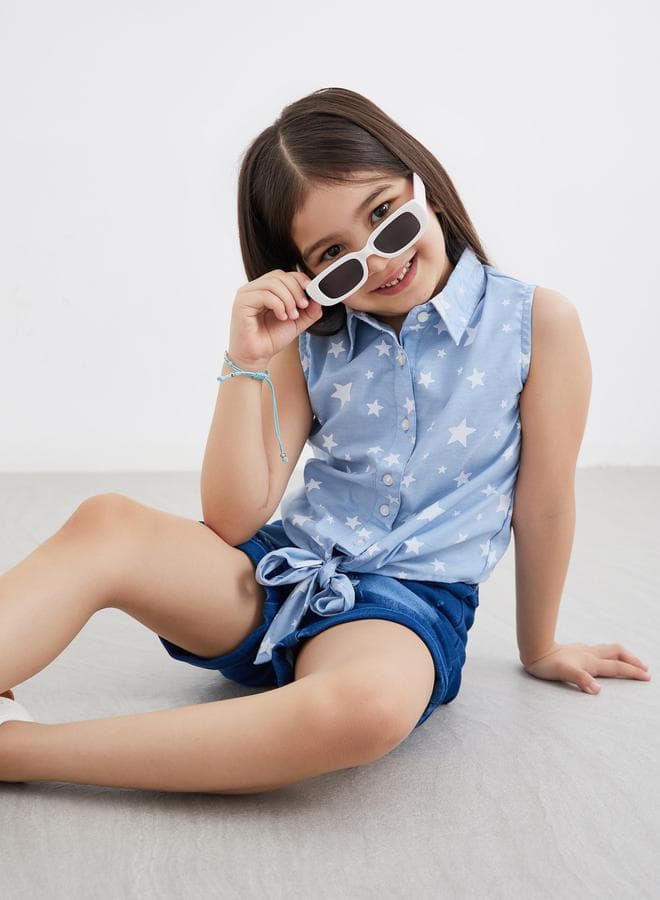 Star Print Denim Shirt And Shorts Set
