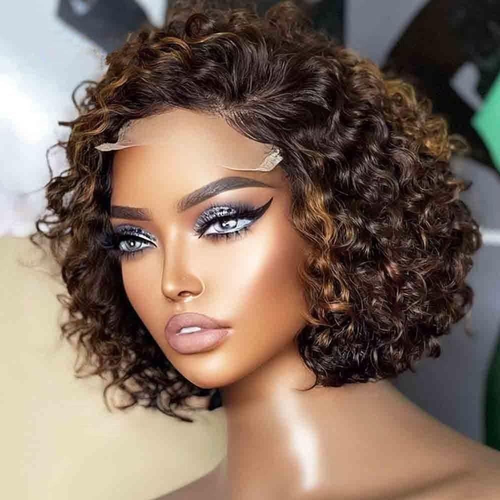 Short Bob Curly Human Hair Highlight Wigs Pre Plucked 13X4 HD Lace Front Wigs Brazilian Hair Pixie Cut Curly Glueless Wigs For Black Woman 150 Density 1B27 Short Deep Wave Wig 10Inch