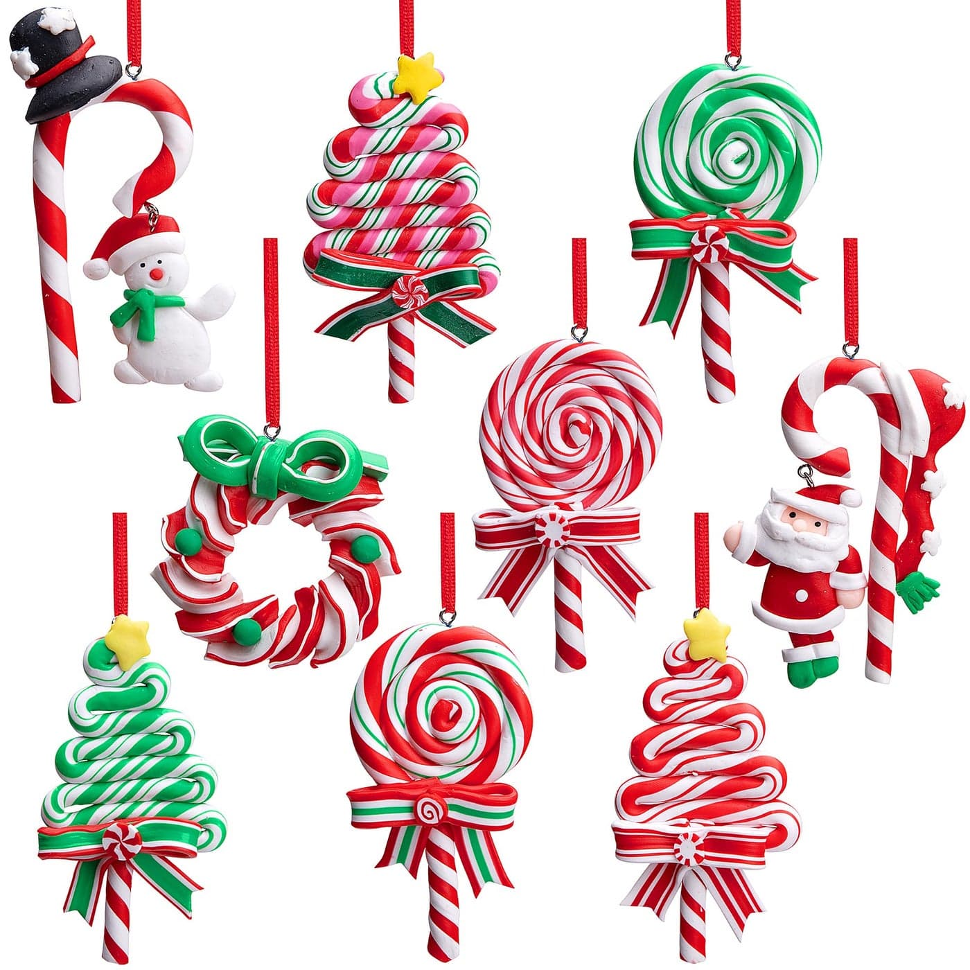 9pcs Christmas Lollipop OrnamentsChristmas Tree Candy Cane OrnamentDecorative Candies Polymer Clay Ornament for Home Party Holiday Xmas Decor