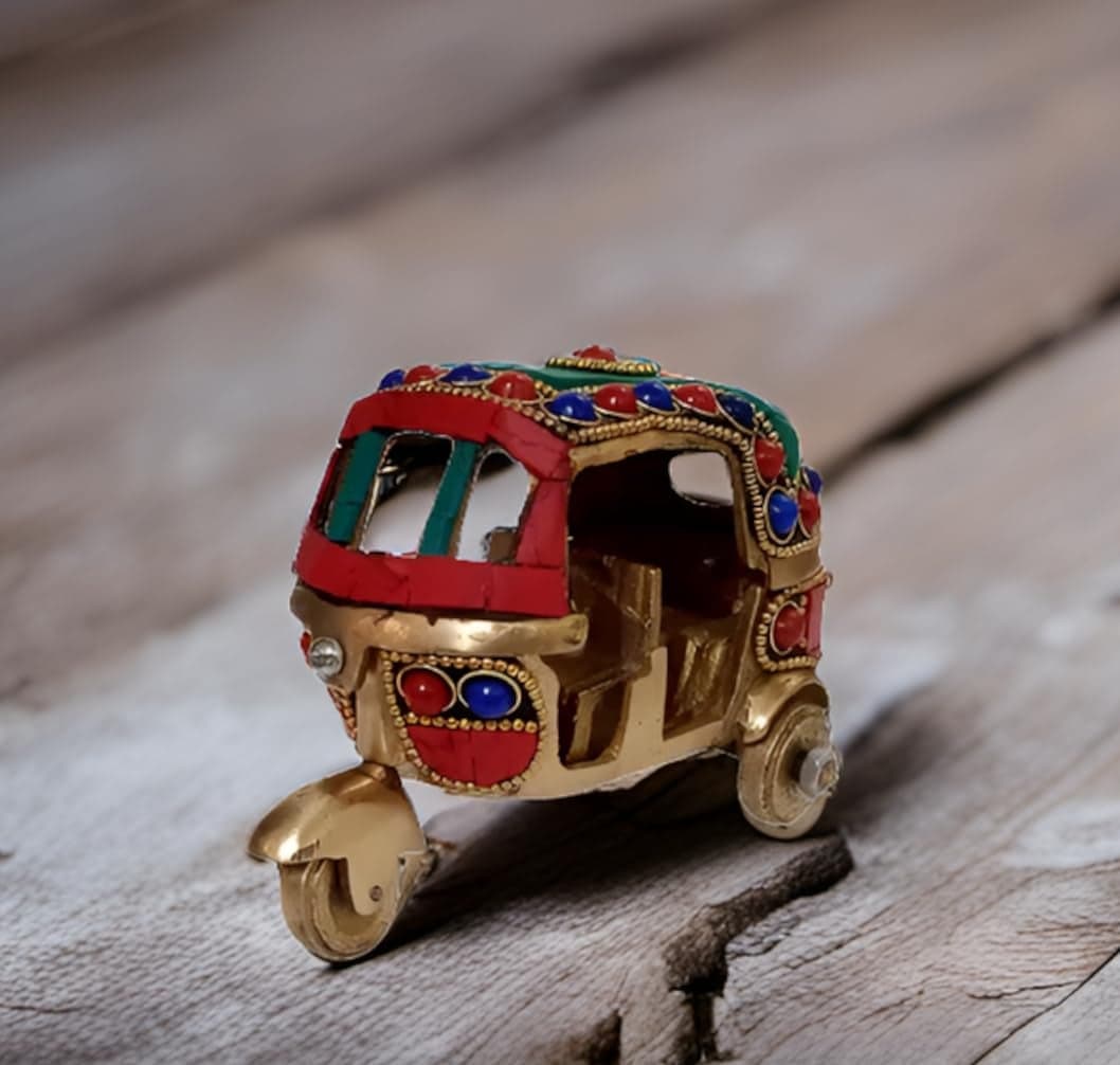 Purpledip Brass Figurine Vintage Auto Rickshaw Tuk Tuk: Gemstone Overlay Collectible Showpiece Miniature (10508)