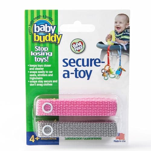 Baby Buddy SecureaToy Adjustable Pacifier and Teether Strap for Stroller Highchair and Car Seat Pink Gray 2 Pack Made in USA