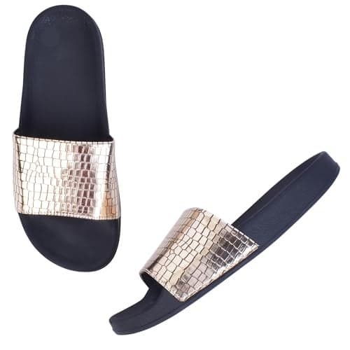XE Looks Women's Gold Casual Flip-Flops | Stylish & Trendy Metallic Finish Upper with Croc Texture | Soft Footbed for Comfort | Lightweight Slip-On Flip-Flops For Girls & Women UK-4