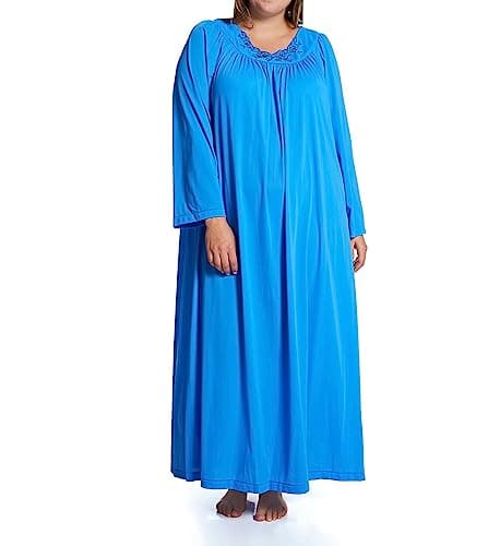 Shadowline Women's Plus-Size Petals 53 Inch Long Sleeve Long Gown, Sapphire, 2X