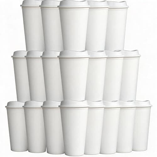 Alohastarttg 20 Pack Reusable Coffee Cups with Lids 16 oz Plastic Tumblers Travel Mug Iced Coffee Cup for Adults and Women Hot and Cold Drinks, Microwaveable (White)