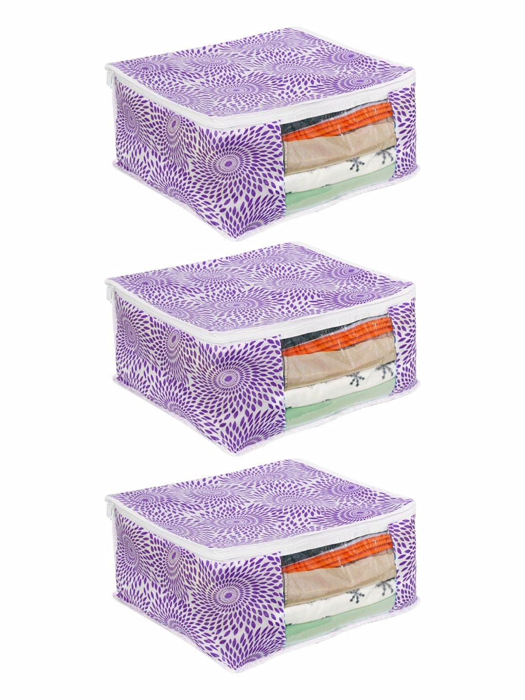 PrettyKrafts Saree Cover Big Size/Wardrobe Organiser/Clothes Storage Bag | Storage Organizer Bag | Zip Closure and Transparent Front | Clothes Storage Bag | Set of 3, Purple | Size: 40 x 35 x 20 cm