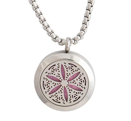 Wild Essentials Flower of Life Essential Oil Diffuser Necklace, Stainless Steel Locket Pendant with 24 inch Chain, 12 Color Refill Pads, Customizable Color Changing Perfume Jewelry for Aromatherapy