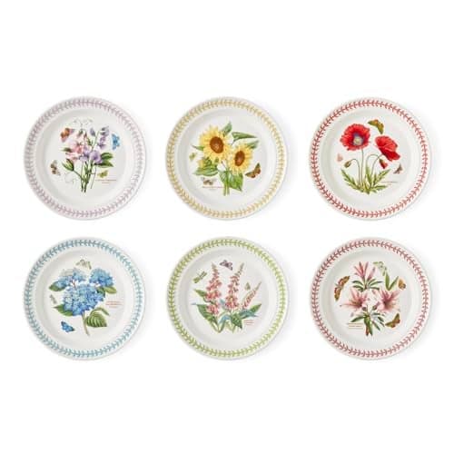 Portmerion Botanic Garden Meadow - 10.5" Round Dinner Plates (Set of 6) | Assorted Florals with Colorful Laurel Leaf Border| Earthenware | Microwave & Dishwasher Safe | Home & Restaurant for Daily Use