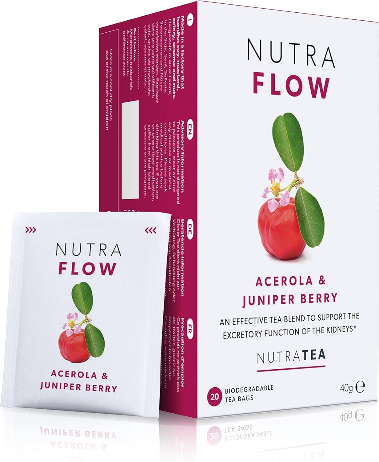 Nutra Tea Nutraflow UTI Tea with Acerola & Juniper Berry - 20 Biodegradable Tea Bags for Urinary Tract Relief