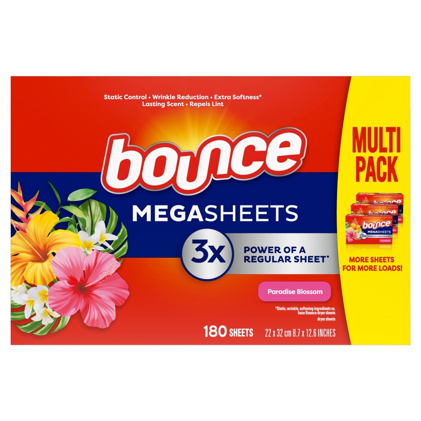 Bounce Mega Dryer Sheets Paradise Blossom 180 Count Mega Fabric Softener Sheets with Static Control Wrinkle Reduction Extra Softness Lasting Scent Repels Lint