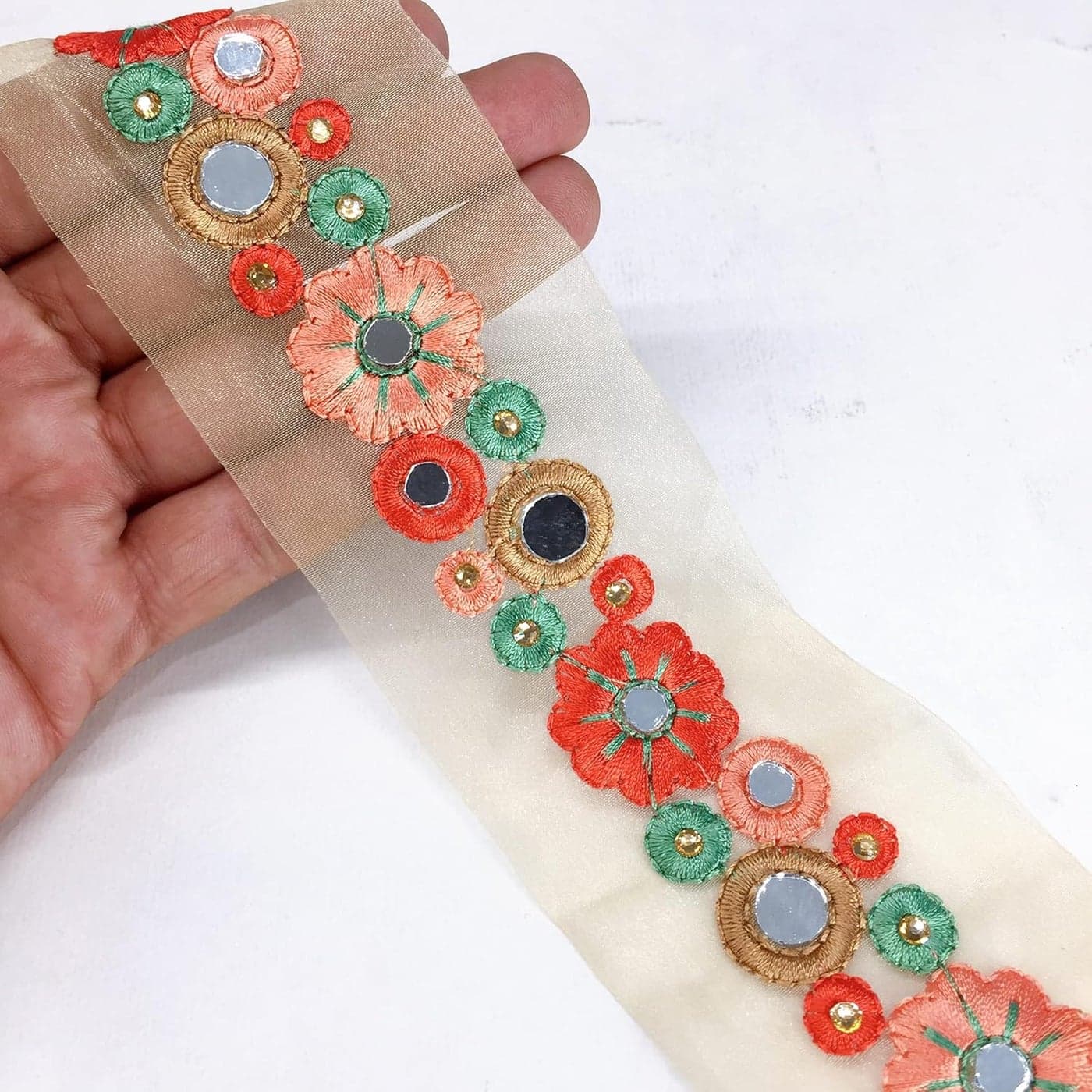 Lami 9 Meter Multi Colour Resham Embroidery Trim Lace Border, Mirror & Diamond Stone Work Embroidered Lace, Beige Glass Nylon Base, Designer Saree Lace, Bridal Lehenga Dupatta (Multicolor)