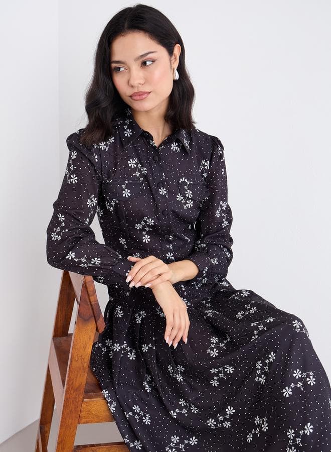 Black Ditsy Print Shirt Midi Dress