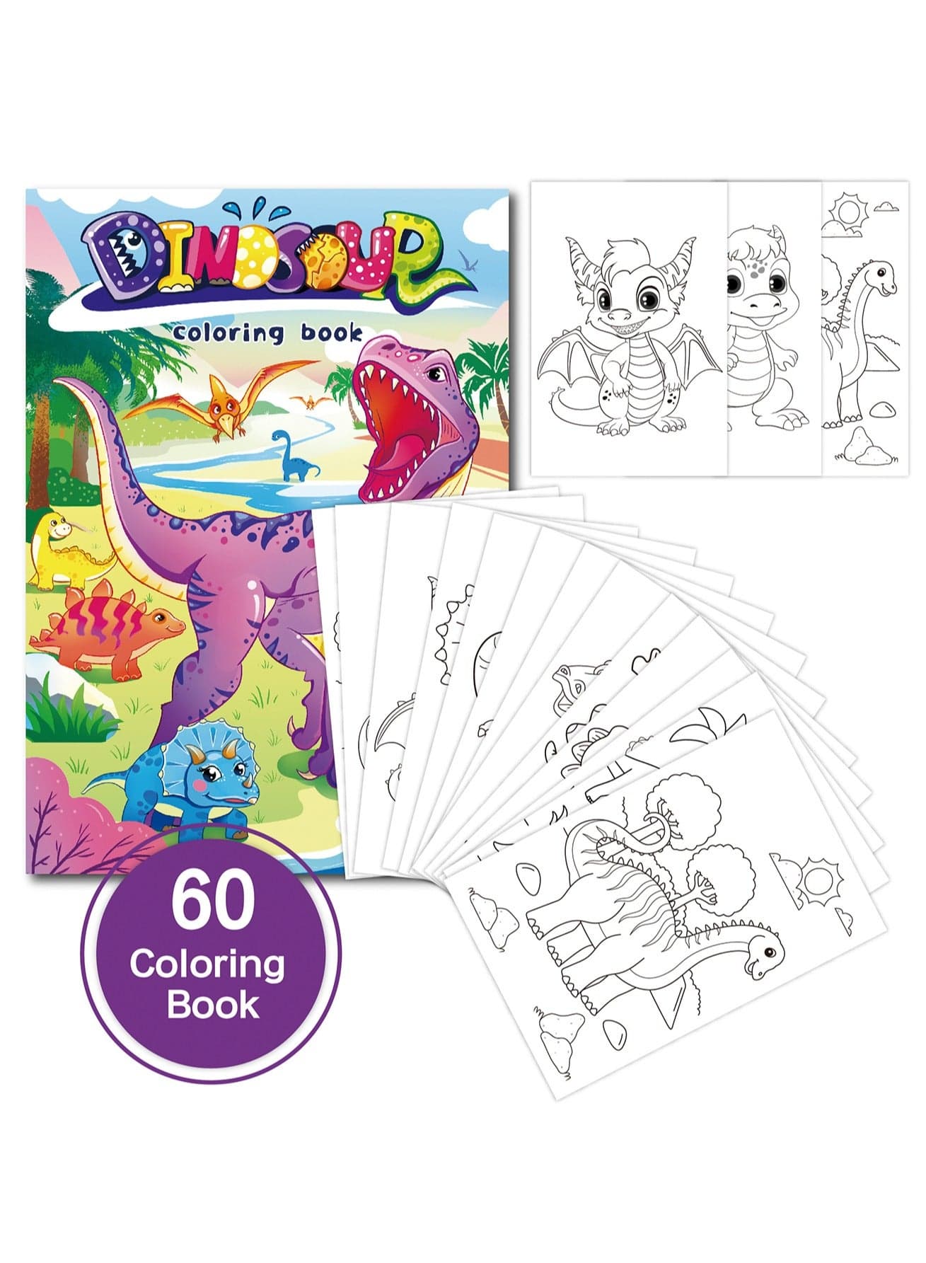 60 Cartoon Doodles Children's Coloring Book, Fun Rewards, Gift Bag Fillers, Birthday Party Supplies, Enlightenment Children's Coloring Book, Art Gifts for Boys and Girls (Dinosaur)