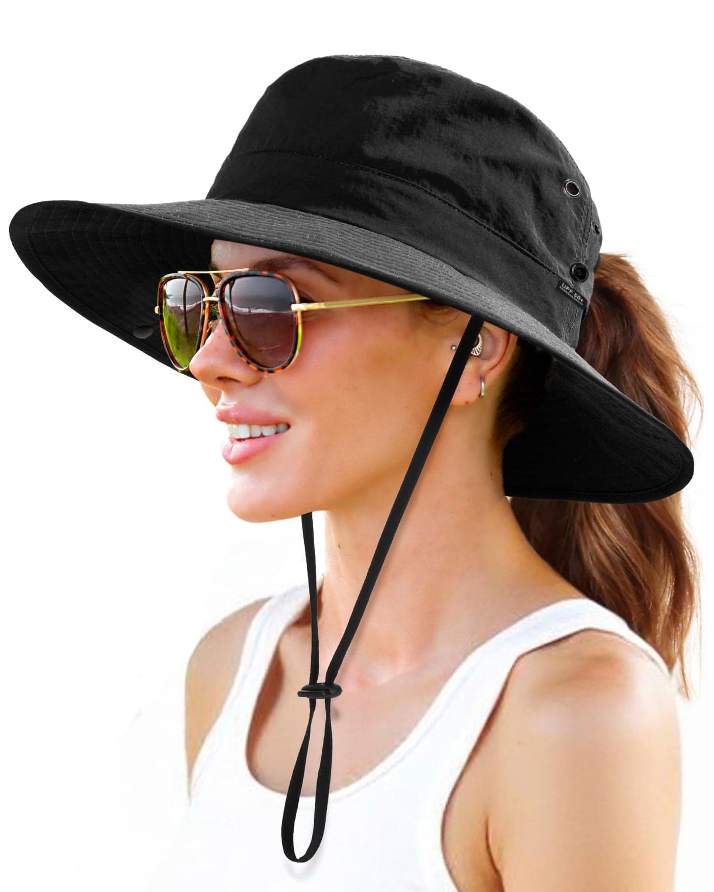 FURTALK Sun Hats for Women with Ponytail Hole Wide Brim Beach Bucket Hat UPF 50+ Fishing Hiking Outdoor Hats Black