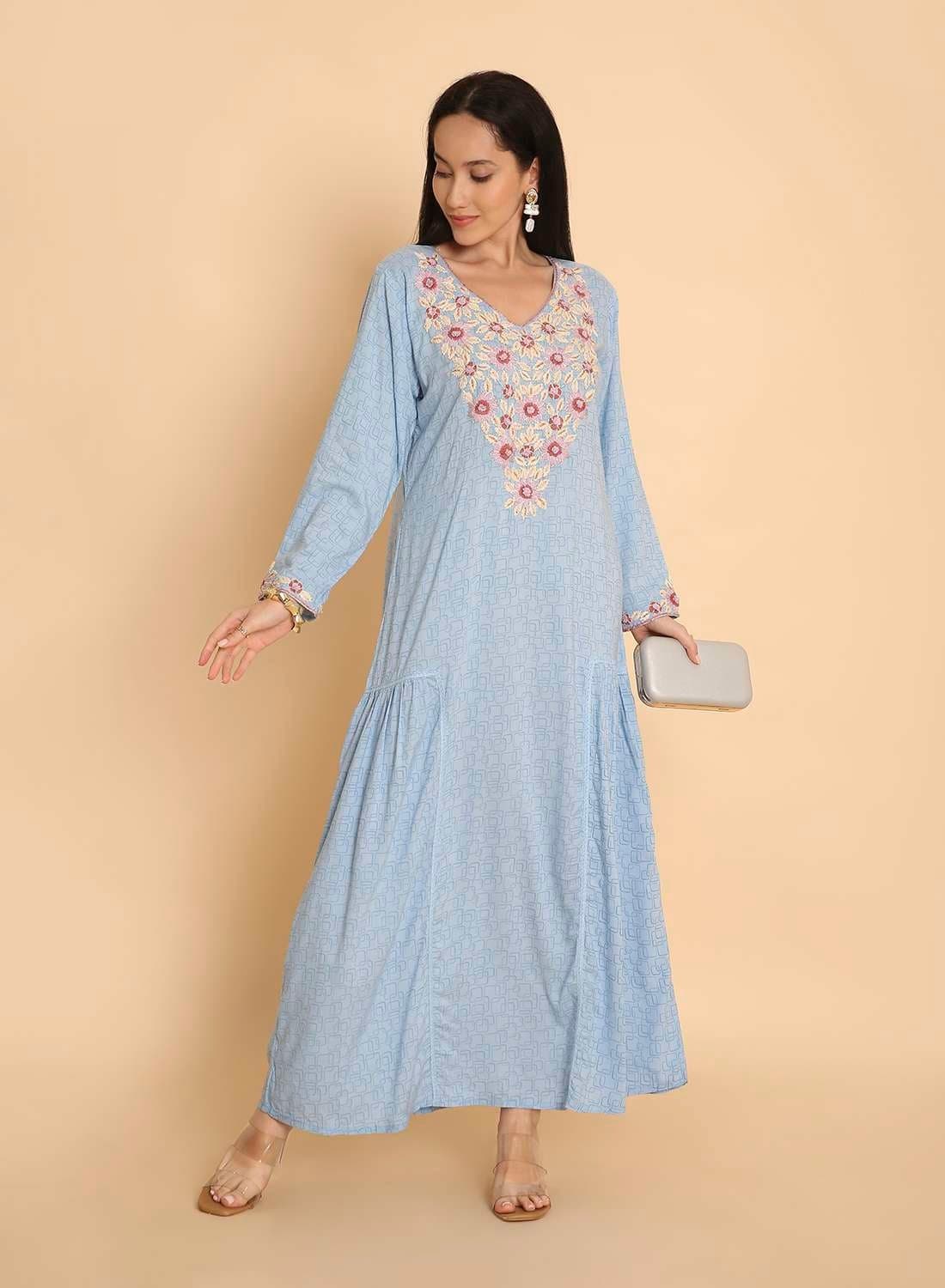 Long hand printed arabic kaftan jalabiya with high end embroidery dress — L