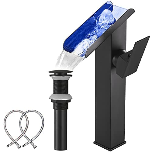 Black Vessel Faucet Bathroom Waterfall Open Spout Led Color Changing by Temperature Basin Faucet for Bowl Sink Right Handle 1 Hole Without Overflow Pop Up Drain Supply Hose Vanity Bath Tap Deck Mount