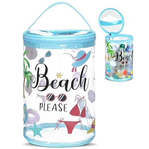 Beach Gifts Heavy Duty Clear Lotion Toiletry Bags for Travel Sunscreen Makeup Cosmetic Pouch Cylinder Bag Waterproof Portable Trip Bag with Handle Zipper(Beach Please)
