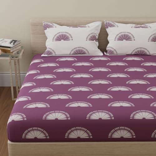 HUESLAND by Ahmedabad Cotton 144 TC Cotton Bedsheet for Double Bed with 2 Pillow Covers | Sunrise | Grape Purple & White
