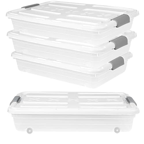 Ehahat 4 PCS*37 Qt Wheeled Latching Under Bed Storage, Stackable Bin with Latch Lid, Plastic Container to Organize Shoes Underbed, Clear with White Lid(White)