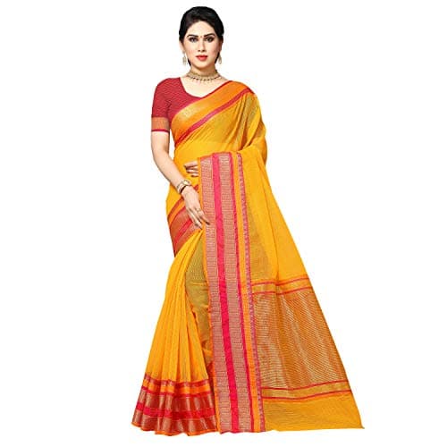 Sidhidata Women's Temple Border Kota Doria Cotton Manipuri Saree With Unstiched Blouse Piece (Kangana gold1_Gold_Free Size)